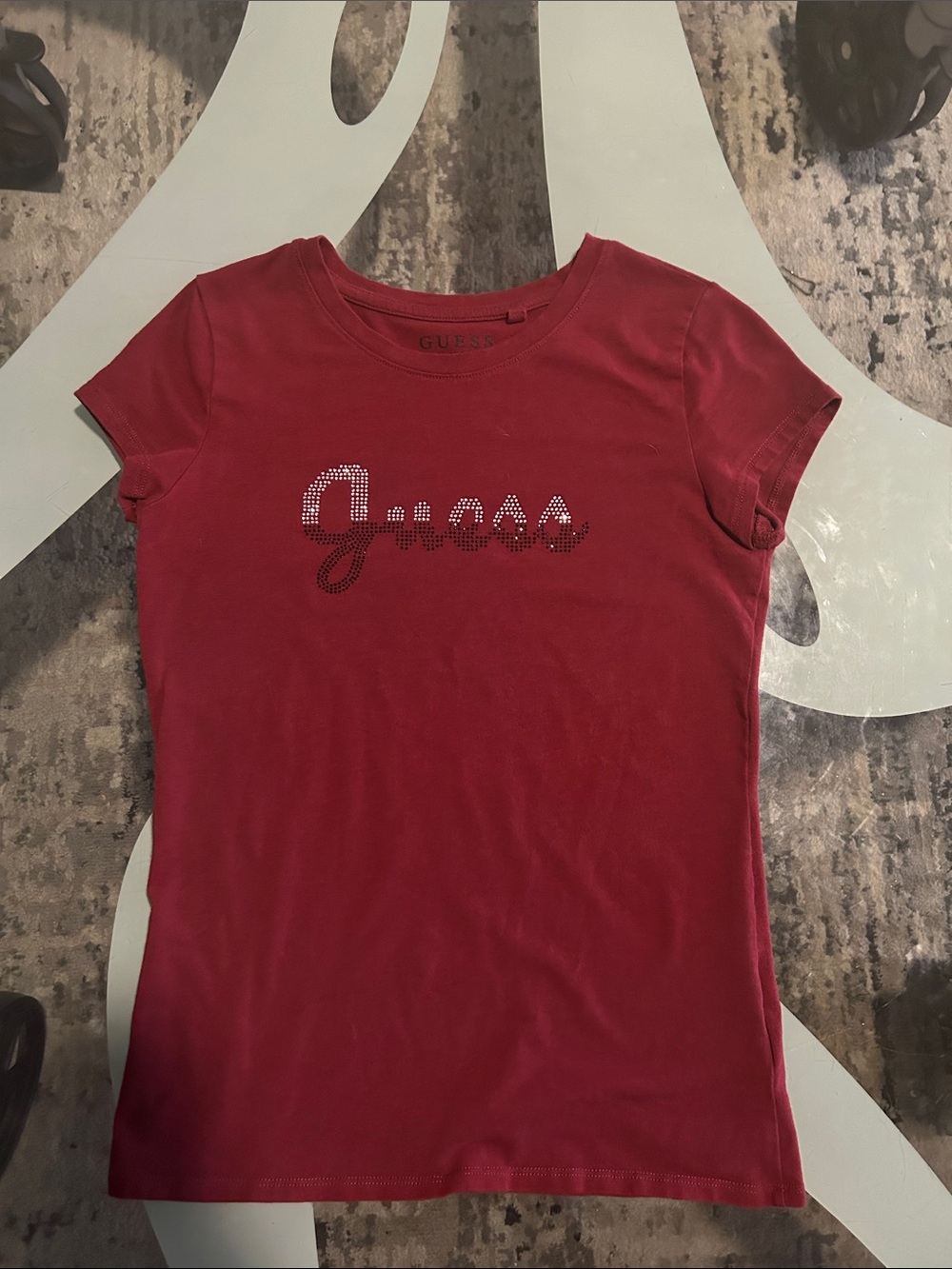 GUESS Women's Red Crystal Logo Short Sleeve Tee